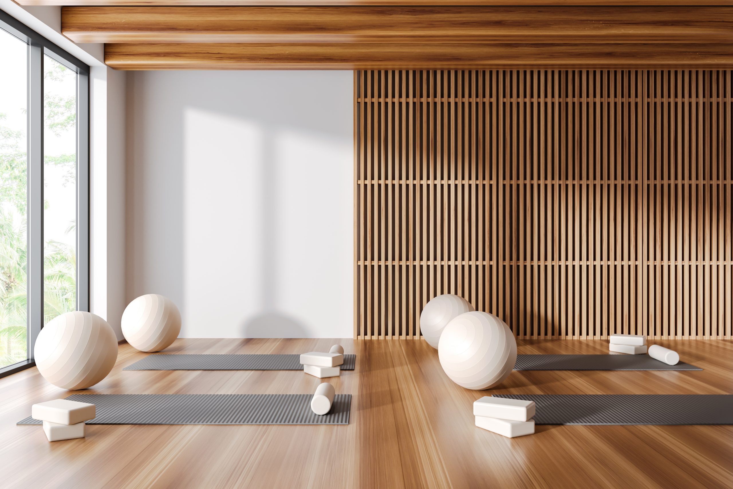 Interior,Of,Stylish,Yoga,Studio,With,White,And,Wooden,Walls,